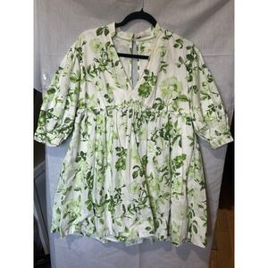 Maeve by Anthropologie Green Floral Puff Sleeve V Neck Babydoll Mini Dress XS
